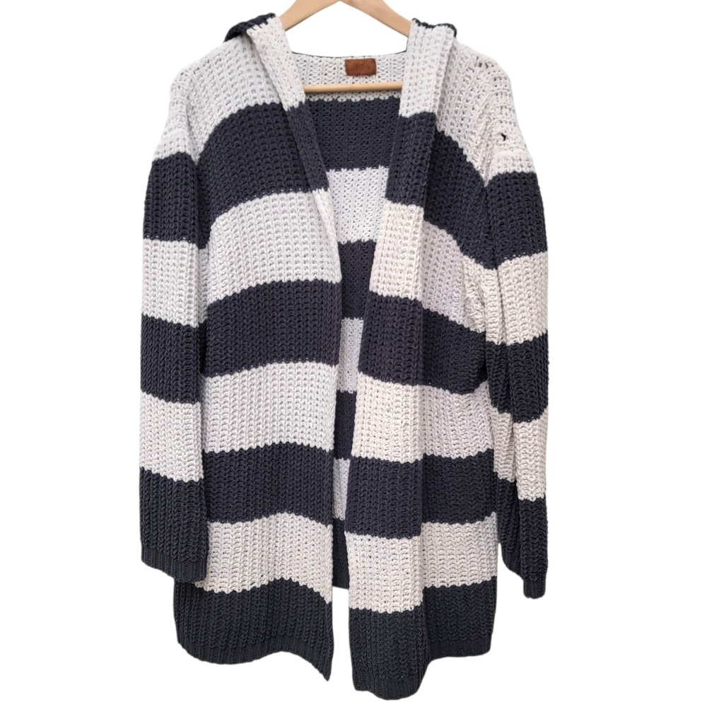 POL Cardigan Large Hooded Striped Gray White Chunky‎ Knit